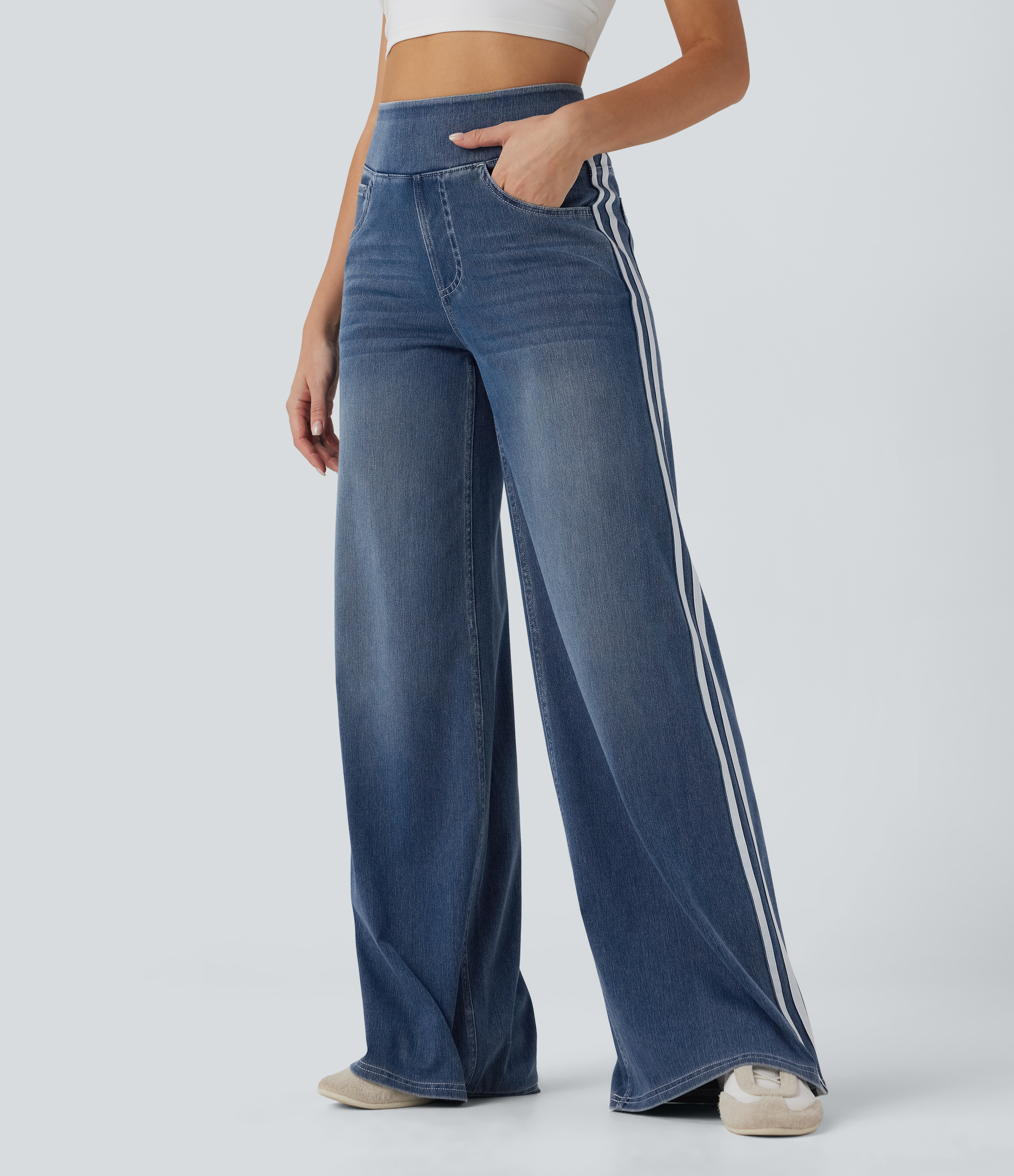 Halara Halara Flex™ High Waisted Stripe Wide Leg Flowy Washed Casual Jeans with Pockets - Tide Blue Denim - XS(tall) | HALARA