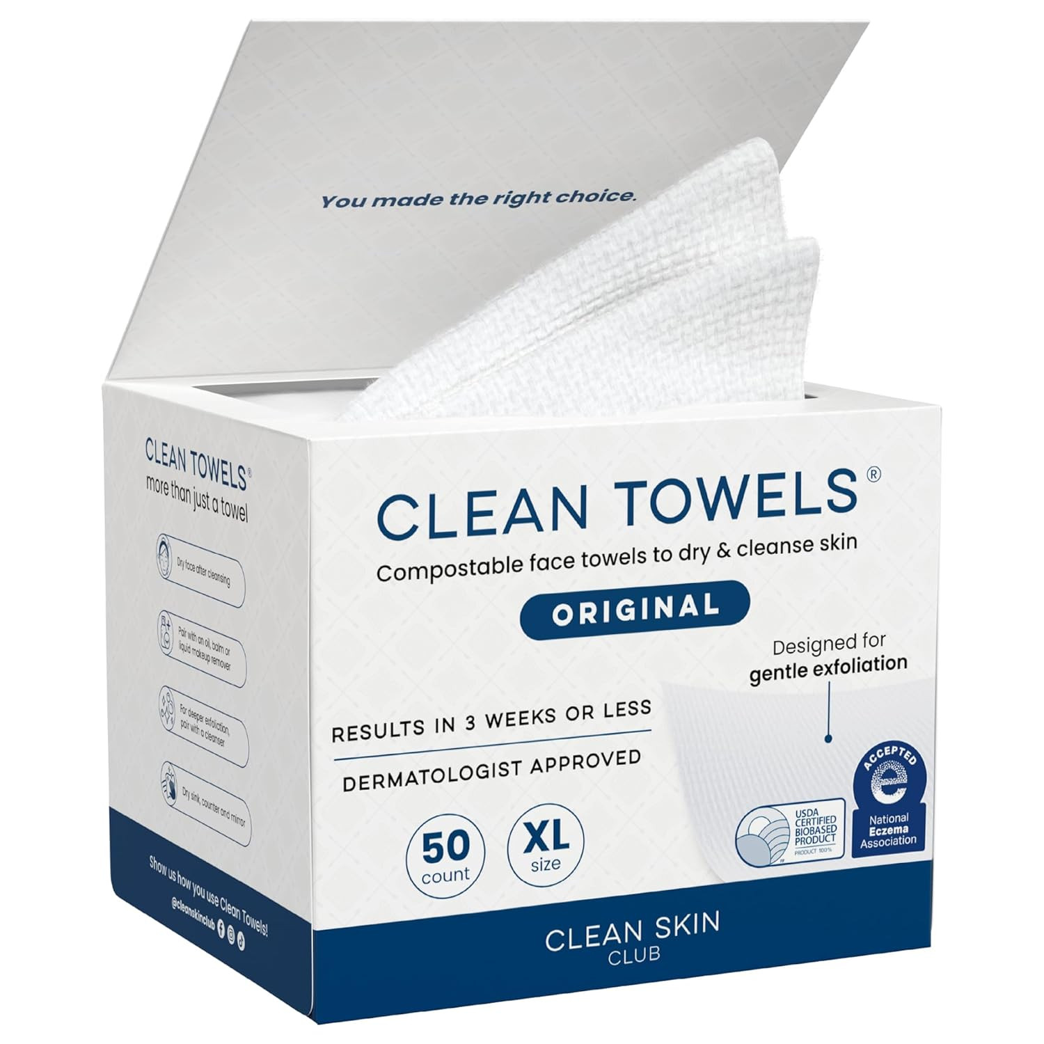 Clean Skin Club Clean Towels XL®, 100% USDA Biobased Face Towel, Disposable Face Towelette, Ecze... | Amazon (US)