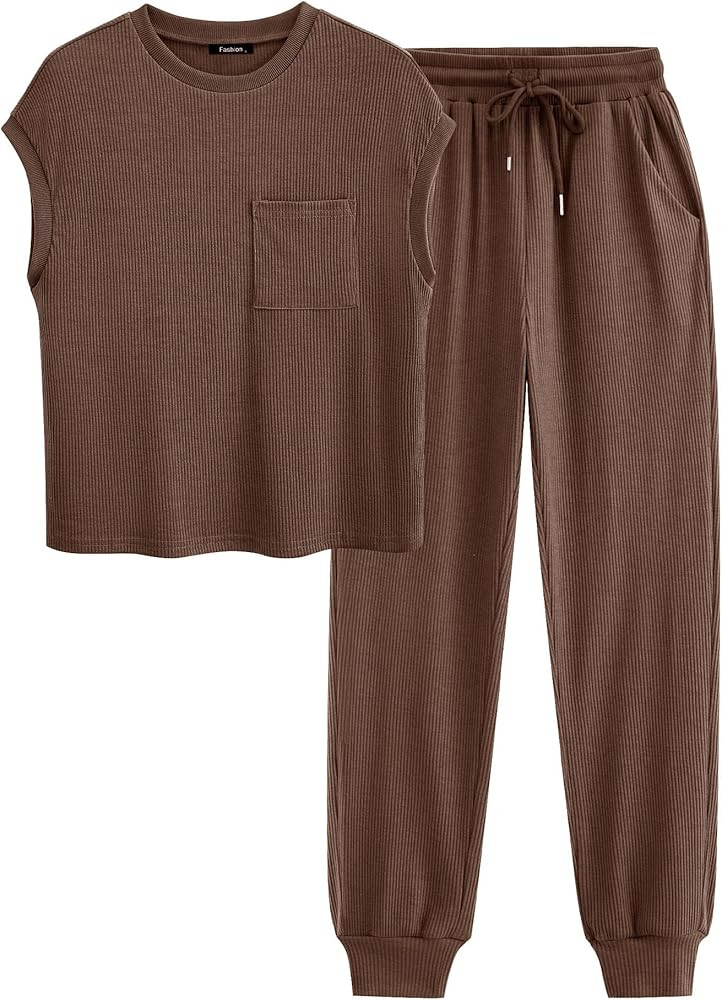 BTFBM Women's Two Piece Tracksuit Short Sleeve Tops Long Pants With Drawstring Outfits Jogger Set... | Amazon (US)