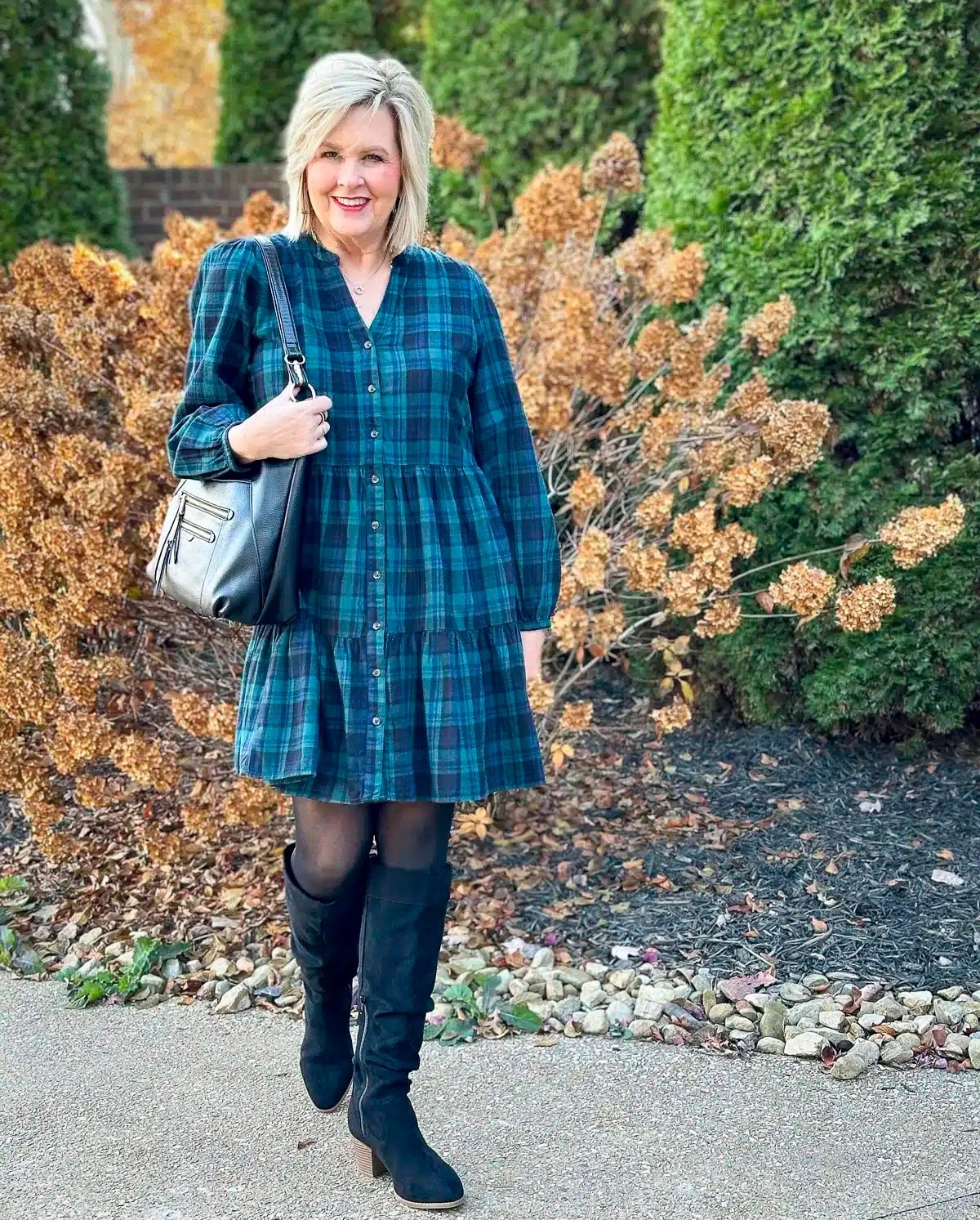 A holiday outfit idea that is festive, but not over the top. I have linked some similar plaid dresses and knee high boots. 

#LTKWorkwear #LTKOver40 #LTKHoliday