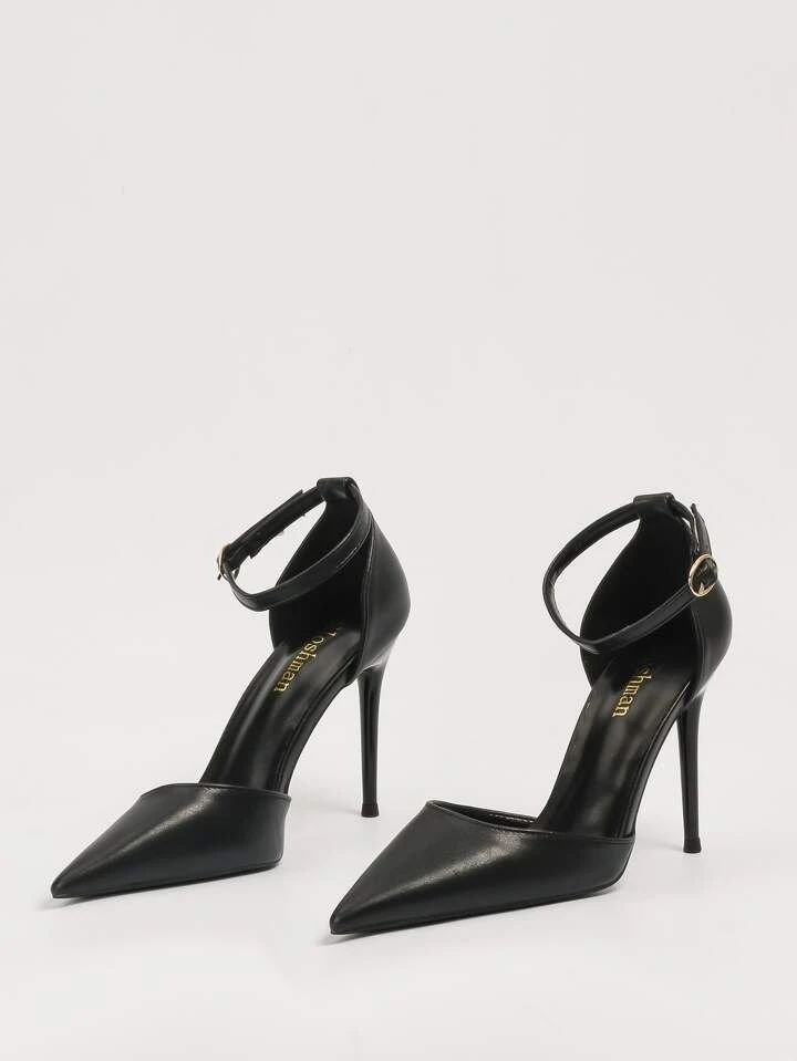Point Toe Ankle Strap Pumps, Black Elegant Solid Color Women's High Heel Shoes | SHEIN