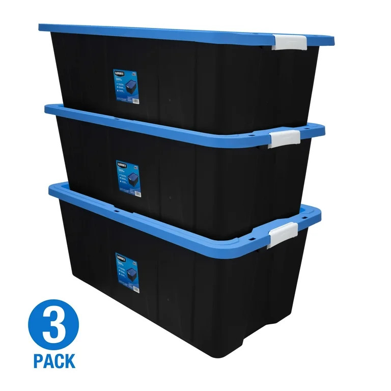 HART 40 Gallon Latching Plastic Storage Bin Container, Black with Blue Lid, Set of 3 - Walmart.co... | Walmart (US)