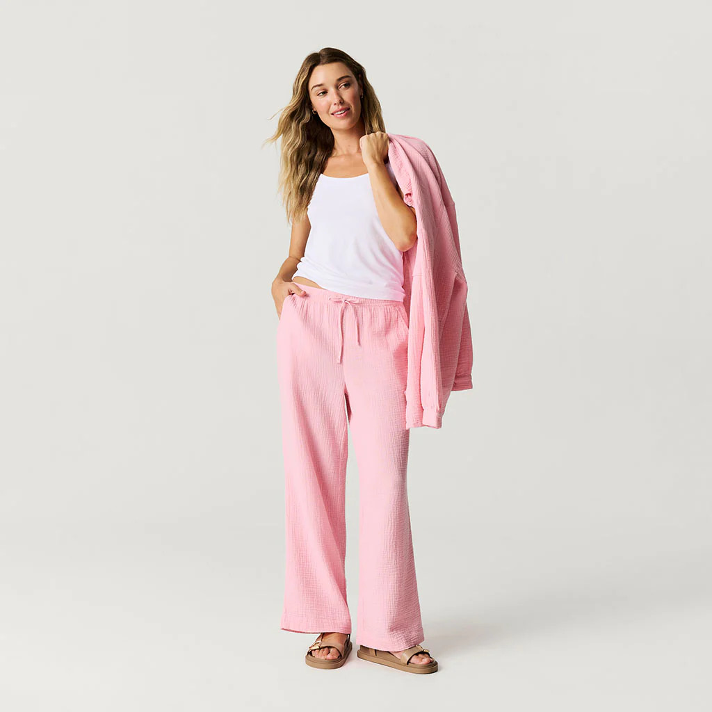 Solids Pink Long Happy Pink Women's Cotton Crinkle Pants | Posh Peanut® | Posh Peanut