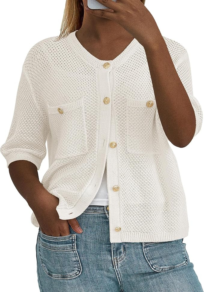 PRETTYGARDEN Women's Summer Knit Blouse Top Casual Crewneck Button Down Short Sleeve Cardigan Poc... | Amazon (US)