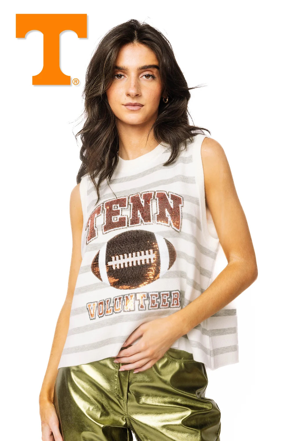 Licensed Tennessee Grey & White Striped Sequin Football Knit Tank | Queen of Sparkles