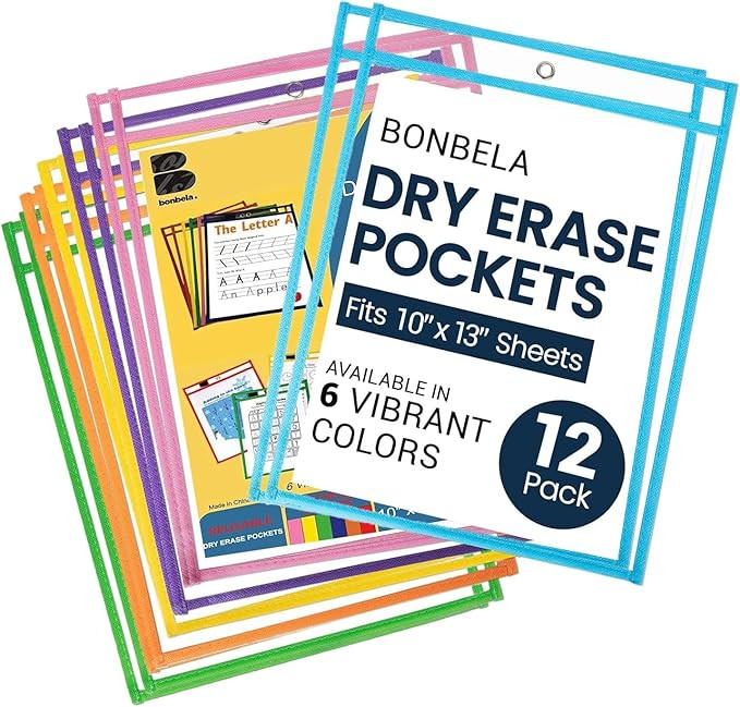 Dry Erase Pockets 12 Pack - 10 x 13 Reusable Dry Erase Pocket Sleeves for Work & School Worksheet... | Amazon (US)