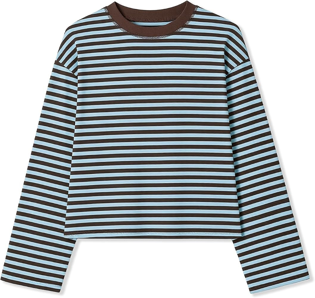 Striped Bloom Long Sleeve Shirt for Women Boxy Tee Top Streetwear | Amazon (US)