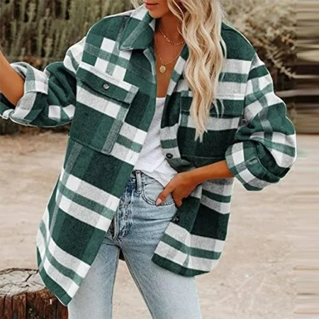 ZVAVZ Clearance Clothes Under $5.00 Womens Flannel Shacket Jacket Plaid Flannel Shirts for Women Loose Fit Boyfriend Button Down Shirt Long Sleeve Casual Flannel Blouse Tops Flannel Jacket Women | Walmart (US)
