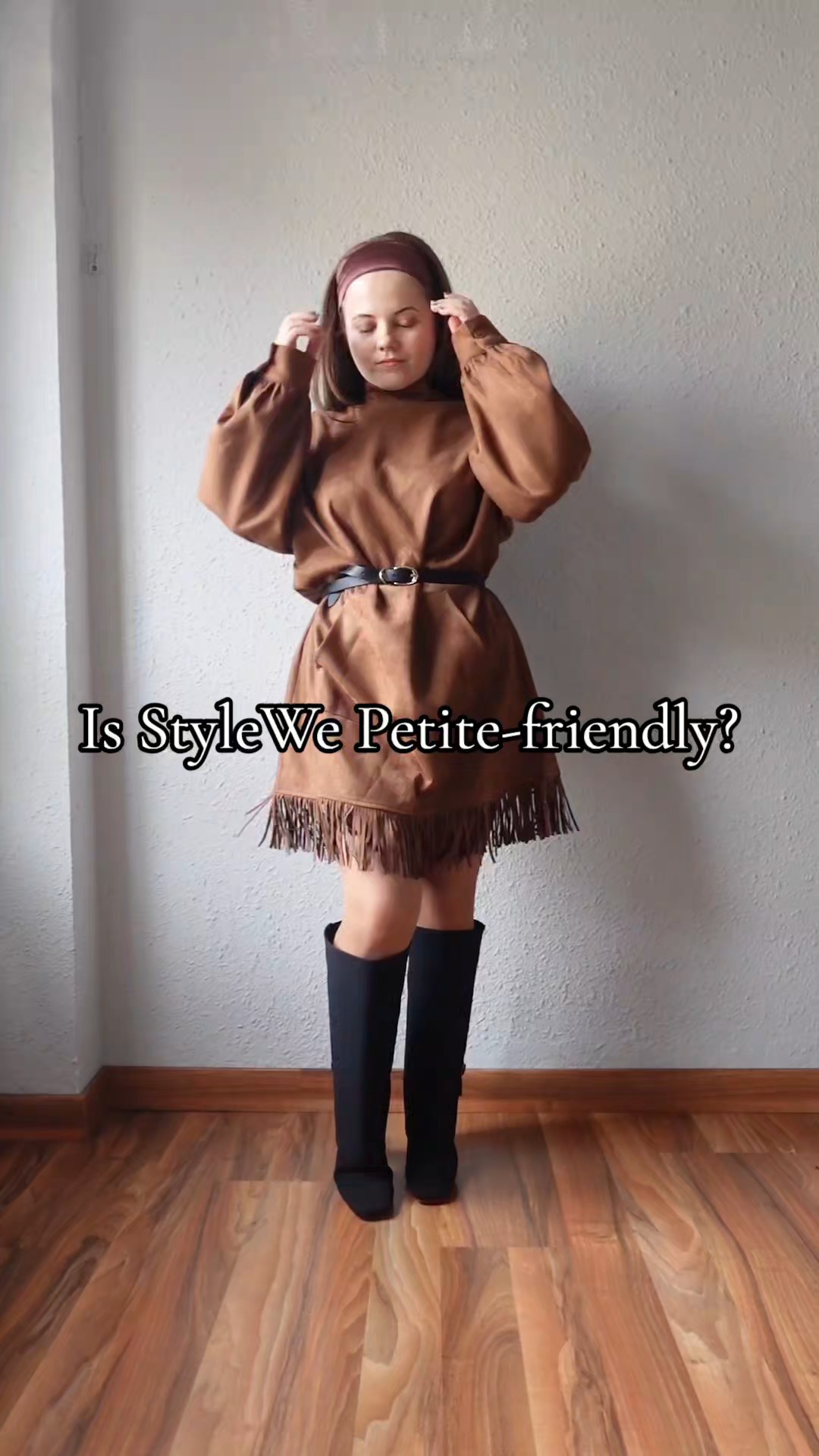 Long sleeve brown suede mini dress for short women.Petite friendly dress styled with high knee boots

#LTKMidsize #LTKPetite