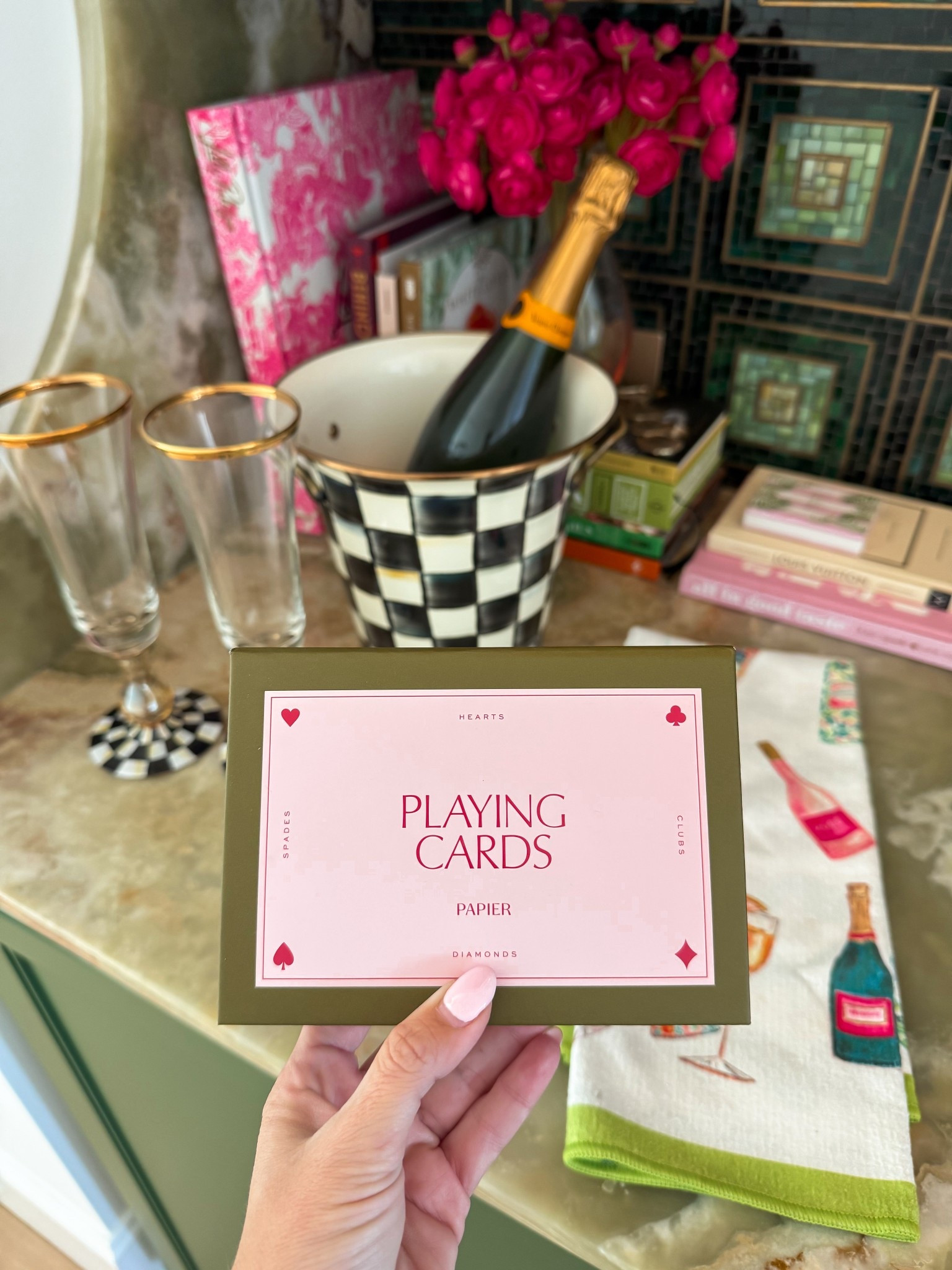 Valentine’s playing cards + MacKenzie Child’s champagne bucket and flutes  

#LTKValentine #LTKSaleAlert