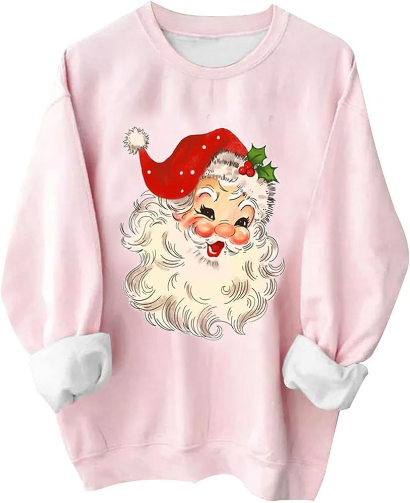 Gunyslmo Pink Christmas Sweatshirts For Women Funny Santa Claus Grahic Long Sleeve Crewneck Shirt... | Amazon (US)