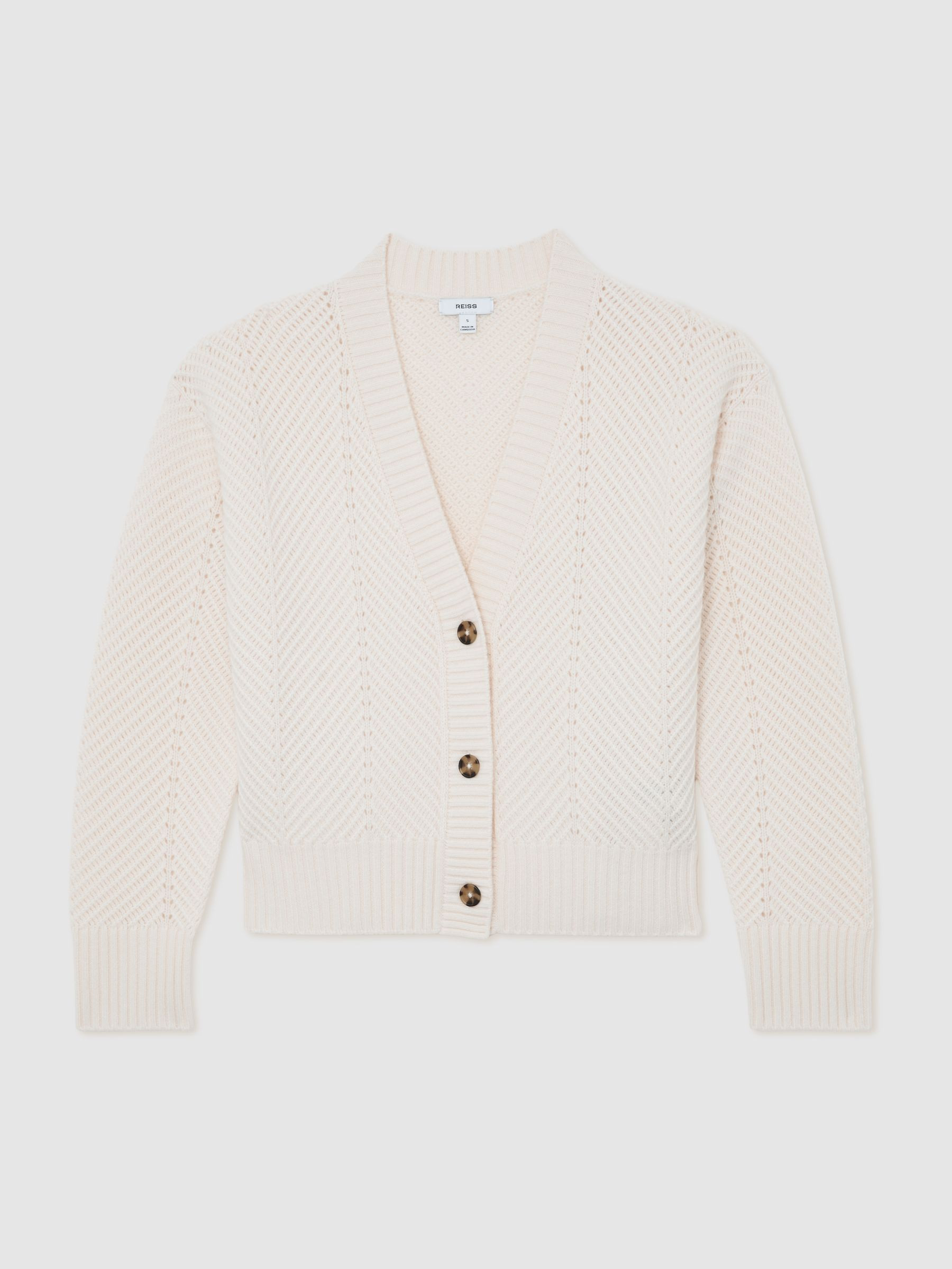 Wool-Cashmere Chevron-Stitch Cardigan in Ivory | Reiss UK