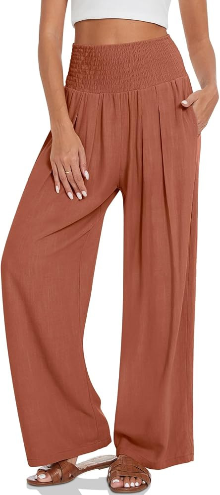 UEU Women's Linen Palazzo Pants Wide Leg High Waisted Lounge Casual Beach Pants with Pockets | Amazon (US)