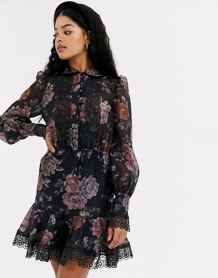 Keepsake button through mini dress in dark florals-Blue | ASOS (Global)