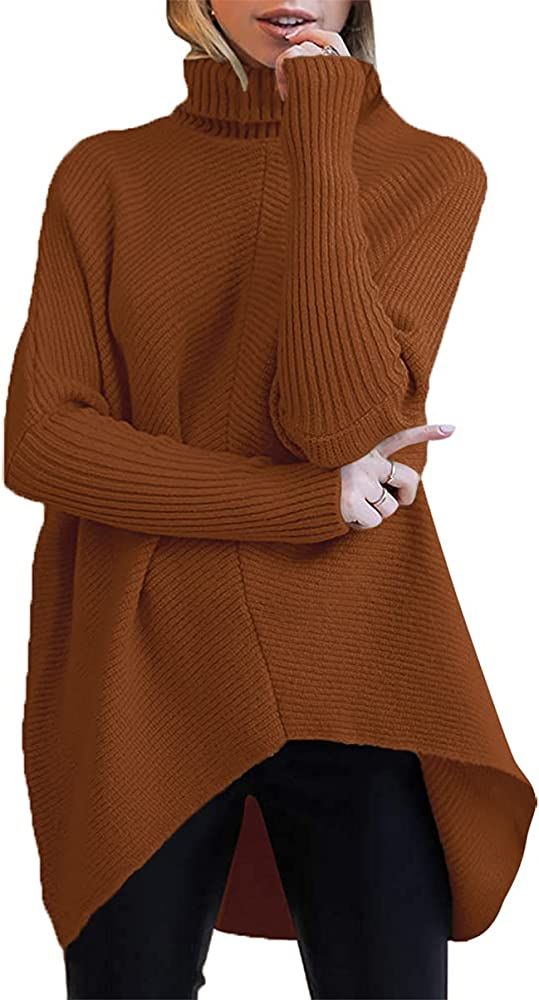 ANRABESS Womens Turtleneck Long Batwing Sleeve Asymmetric Hem Casual Pullover Sweater Knit Tops | Amazon (US)