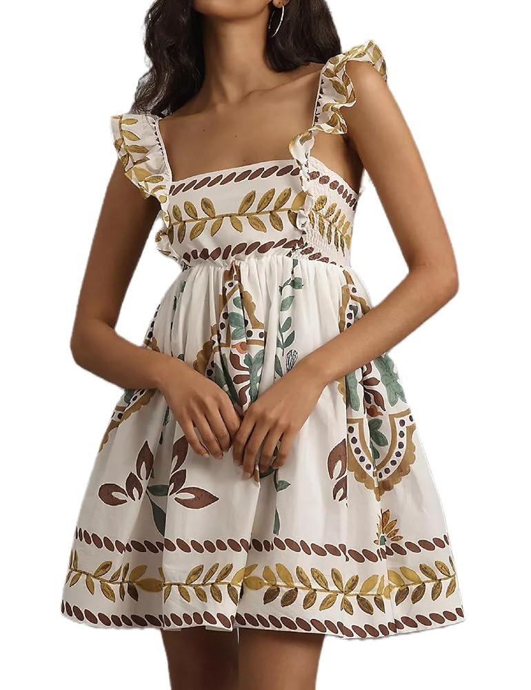 Women Graffiti Mini Cami Dress Spaghetti Strap Floral Boho Short Dress Flowy Sling Dress Summer H... | Amazon (US)