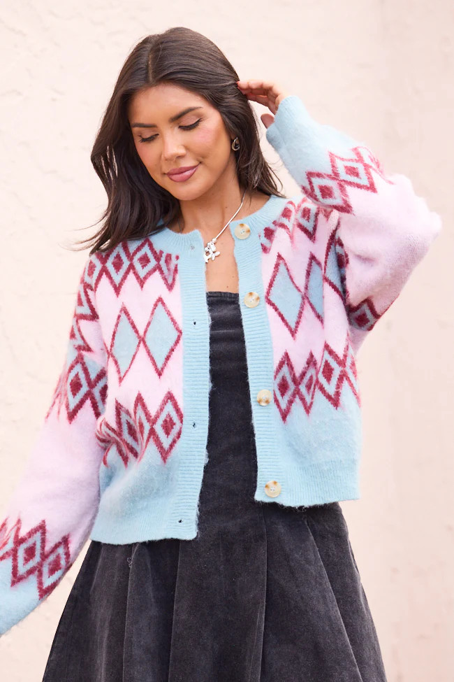 Mary Ellen Blue And Pink Fair Isle Cardigan | Pink Lily