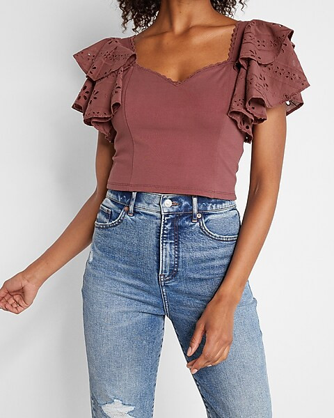 Sweetheart Eyelet Ruffle Sleeve Cropped Top | Express