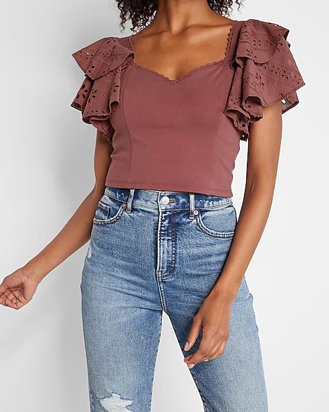 Sweetheart Eyelet Ruffle Sleeve Cropped Top | Express