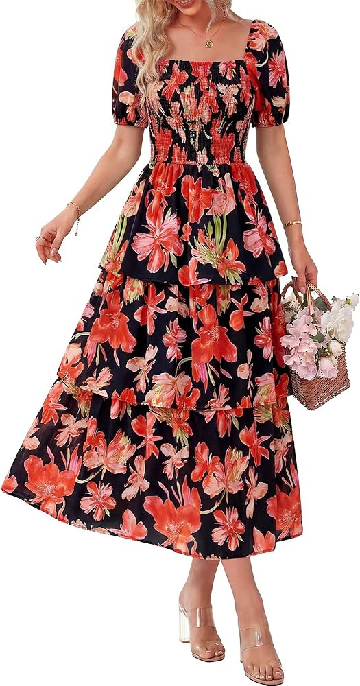 BTFBM Womens Square Neck Smocked Dress Summer Puff Short Sleeve Floral Casual Ruffle Tiered Maxi ... | Amazon (US)
