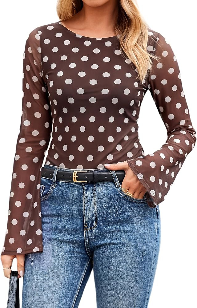 Glamaker Womens Mesh Sheer Top Long Sleeve Crew Neck Basic Slim Fit Going Out Y2K Sexy See Throug... | Amazon (US)