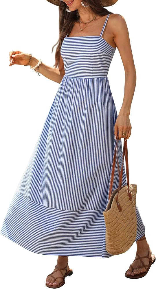 Caracilia Womens Maxi Dresses Gingham Spaghetti Strap Back Smocked Flowy Long Sundress Summer Bea... | Amazon (US)