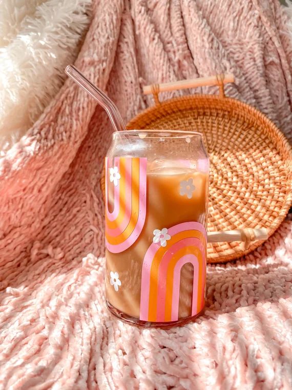 Retro & Groovy Rainbow Aesthetic Beer Can Shaped Glass | Cute Boho Flowers Inspired Iced Coffee C... | Etsy (US)