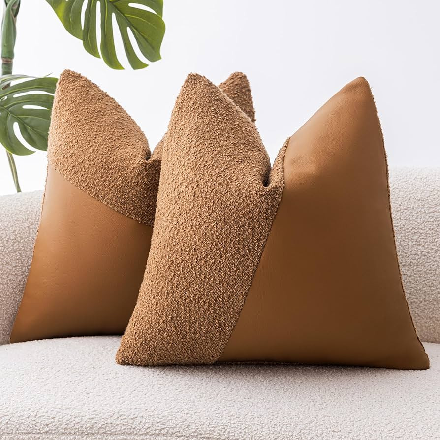 Boucle Throw Pillow Covers 18"x18" Set of 2, Tobacco Decorative Textured Couch Cushion Covers wit... | Amazon (US)