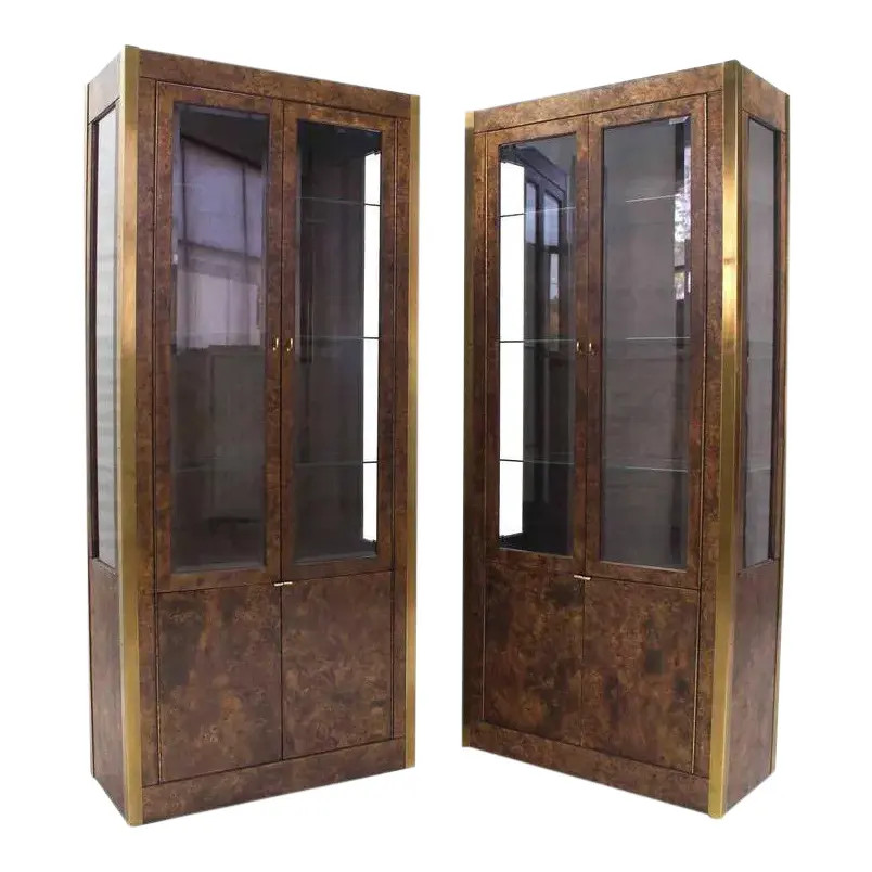 Burl Wood, Brass and Glass Showcase Curio Cabinets - A Pair | Chairish