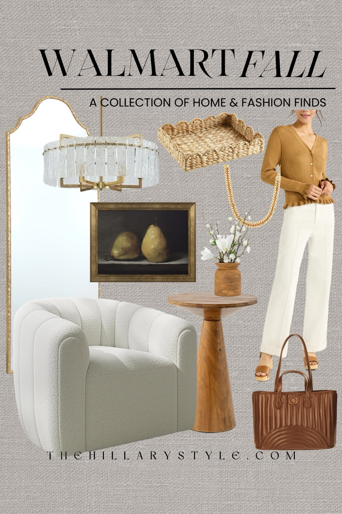 Walmart Fall Collection: home and fashion finds for fall from Walmart. Cardigan sweater, ruffle cardigan, white trousers, brown handbag, white accent chair, wood pedestal table, gold floor mirror, gold and glass chandelier, still life art, framed art, scalloped woven tray, faux floral vase, gold necklace.

#LTKHome #LTKStyleTip #LTKSeasonal
