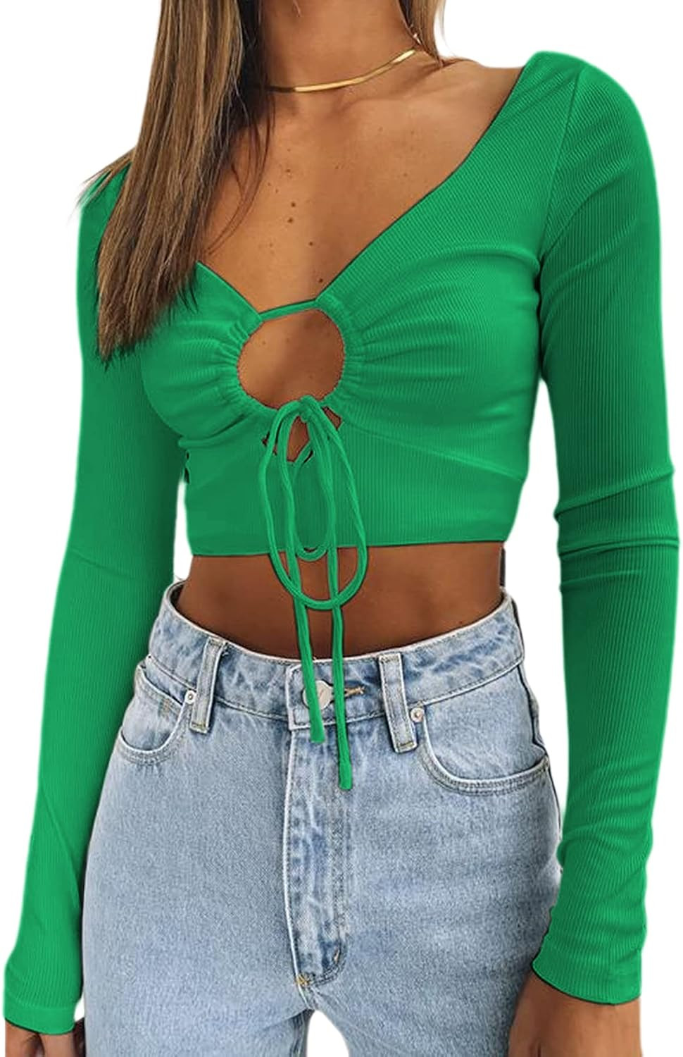 SOFIA'S CHOICE Women's Long Sleeve Ribbed Crop Top Drawstring Ruched Front Tees Shirt | Amazon (US)