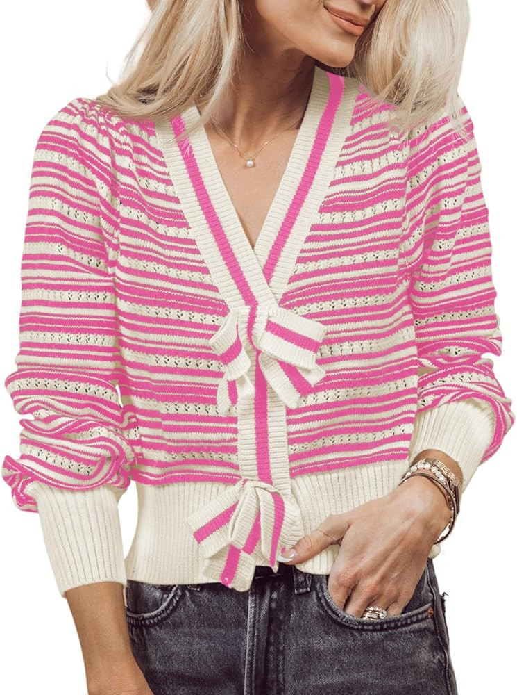 Saodimallsu Womens Striped Cropped Sweaters V Neck Cute Bow Tie Puff Sleeve Loose Knit Trendy Pul... | Amazon (US)