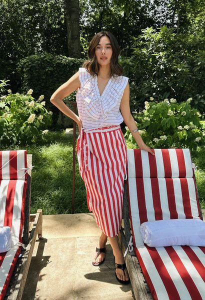 Penelope Red and White Wide Stripe Wrap Skirt | Mi Golondrina