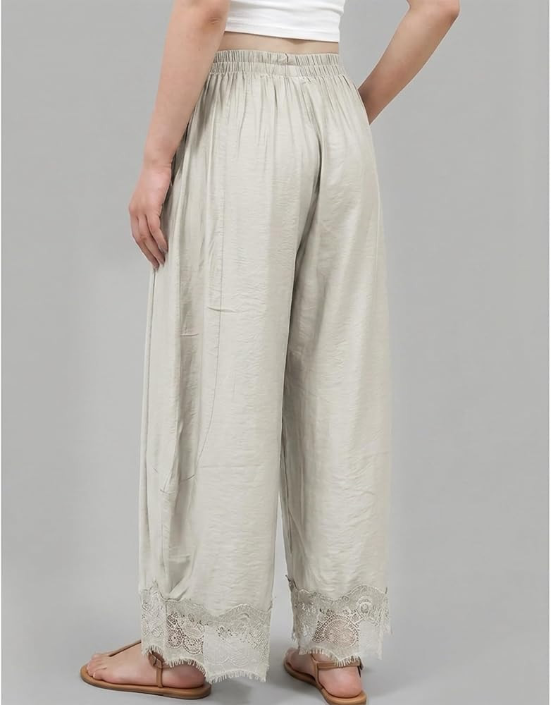 SeeLuNa Comfy Women's Pants Cropped Lace Hem Pants Summer Boho Drawstring High Rise Wide Leg Loun... | Amazon (US)
