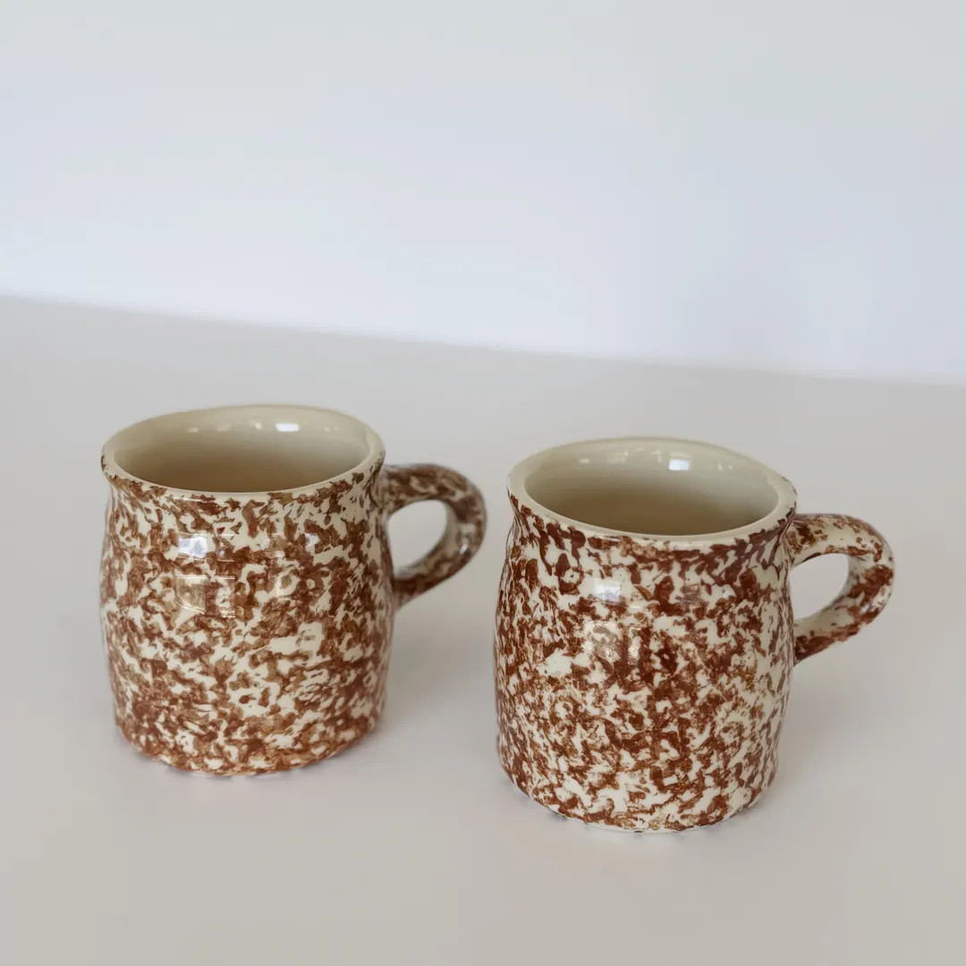 Vintage Spongeware Brown & White Mugs - Set of Two (2) | Etsy (Global)