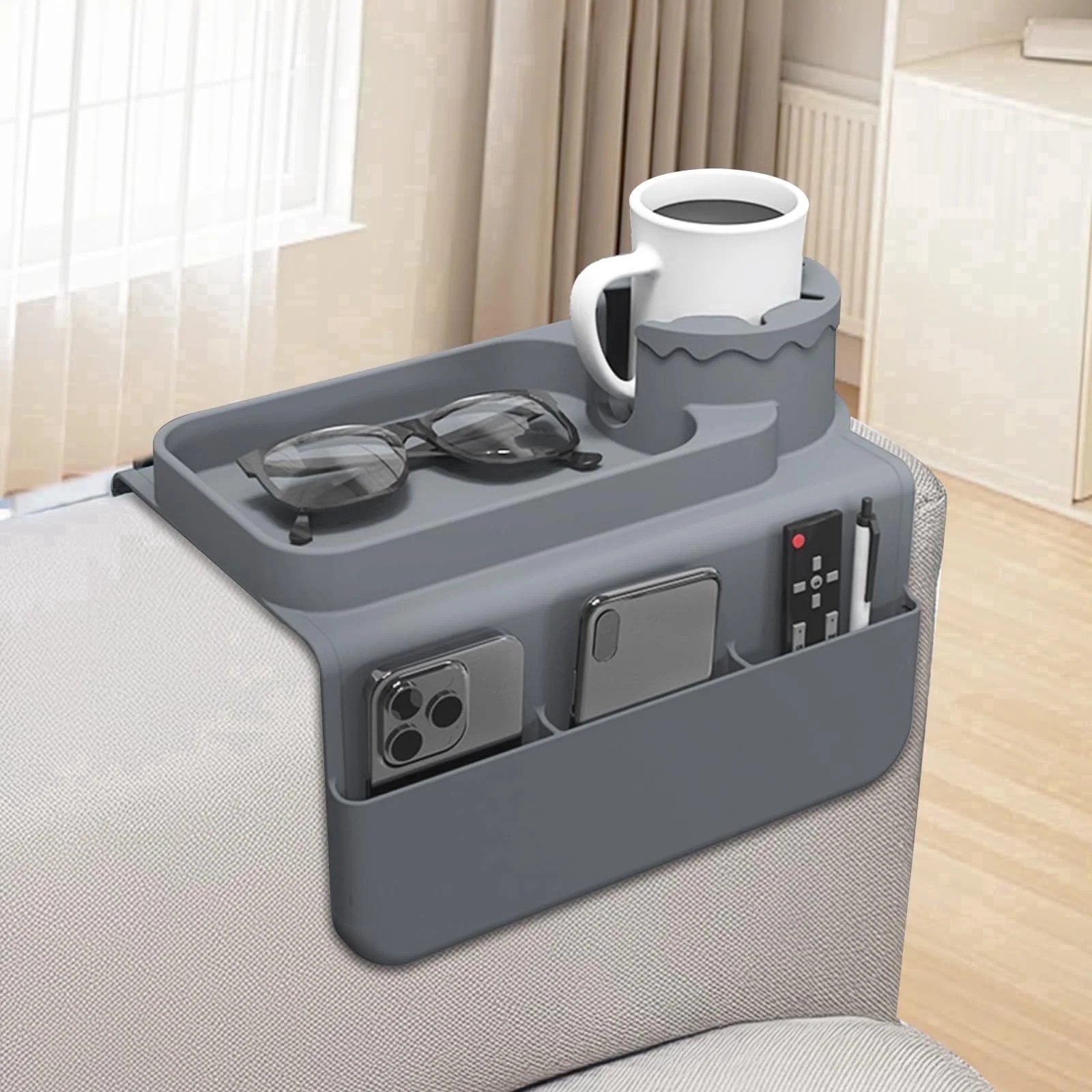 Couch Cup Holder Tray, Silicone Sofa Armrest organizer with Assesory Side Pockets for storage Remotes, Cell-phone,Tablet or Snack, Anti-Spill and Anti-Slip Couch Drink Holder Caddy(Gray) - Walmart.com | Walmart (US)