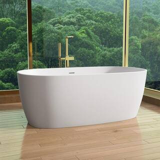 67 in. x 33 in. Solid Surface Soaking Bathtub with Center Drain Free Standing Flat Bottom Artificial Stone Tub in White | The Home Depot