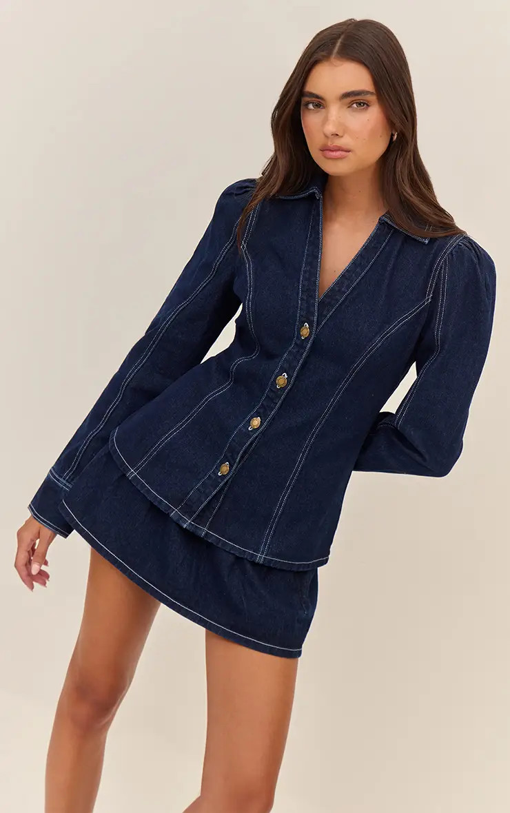 Dark Indigo Floaty  Pleated Denim Mini Skirt | PrettyLittleThing UK