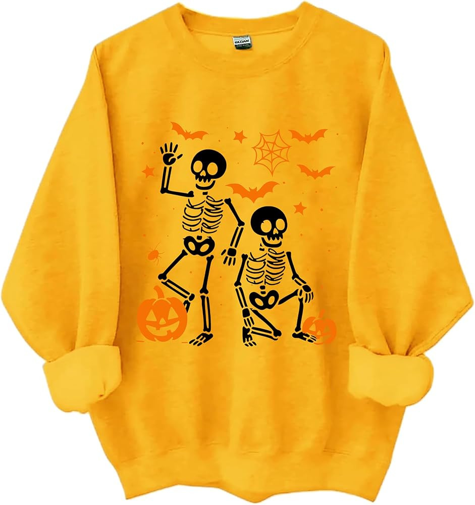 Halloween Skeleton Shirt, Spooky Pumpkin Bat Sweatshirt, Subtle Skeletons Graphic Crewneck Hallow... | Amazon (US)
