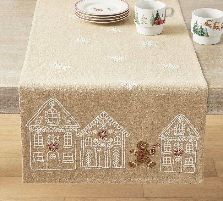 Gingerbread Village Embroidered Table Runner - Neutral | Pottery Barn (US)
