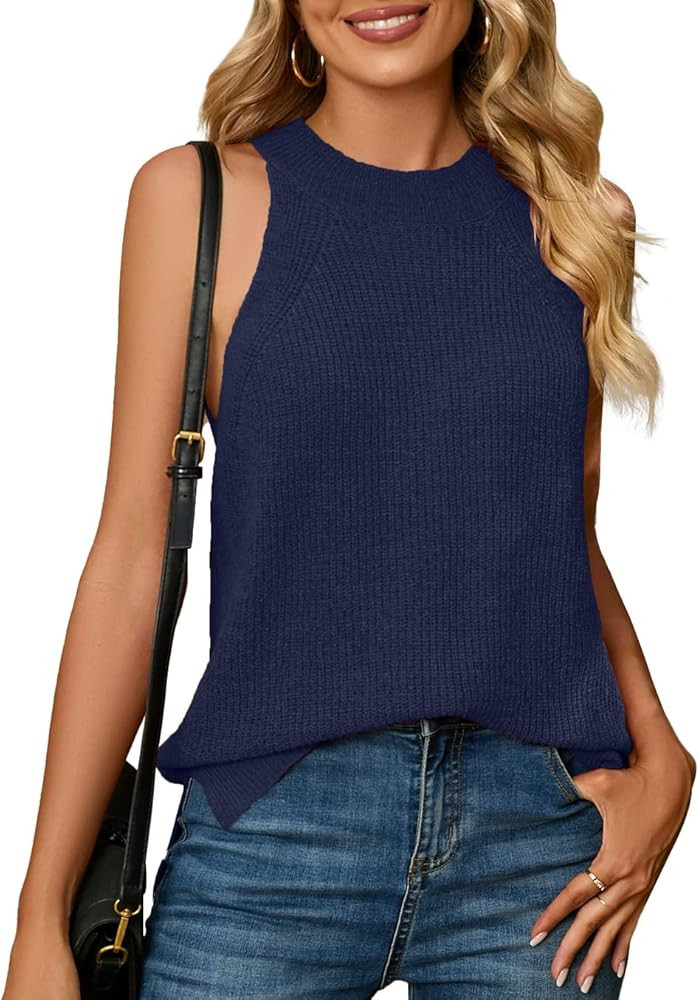 Womens Summer Sweater Tank Tops Sleeveless Halter Neck Loose Knit Shirts Cami Sweater Vest | Amazon (US)