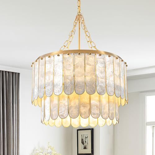 Weibath Modern 5-Light Shell Chandelier, 2-Tiered Faceted Pendant Light with Gold Metal Frame, E26 Lighting Fixture for Dining Room, Bedroom, Living Room | Amazon (US)