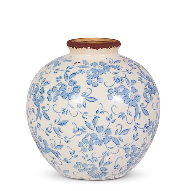 ROUND BLUE FLORAL TERRACOTTA BUD VASE | Antique Farm House