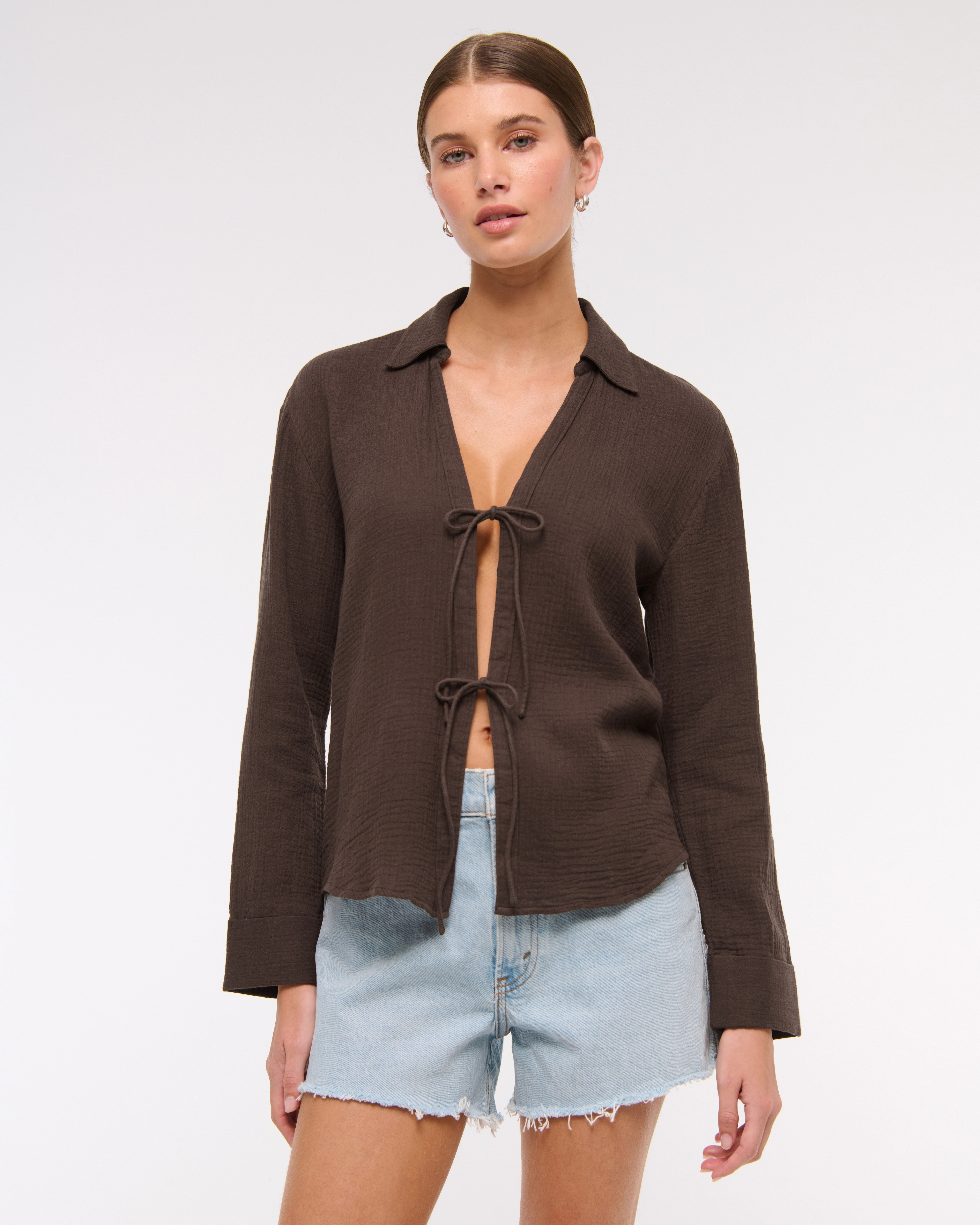 Long-Sleeve Oversized Tie-Front Gauzy Shirt | Abercrombie & Fitch (US)