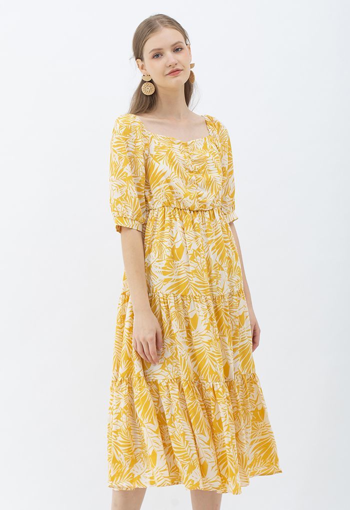 Mustard Palm Leaf Print Frilling Midi Dress | Chicwish
