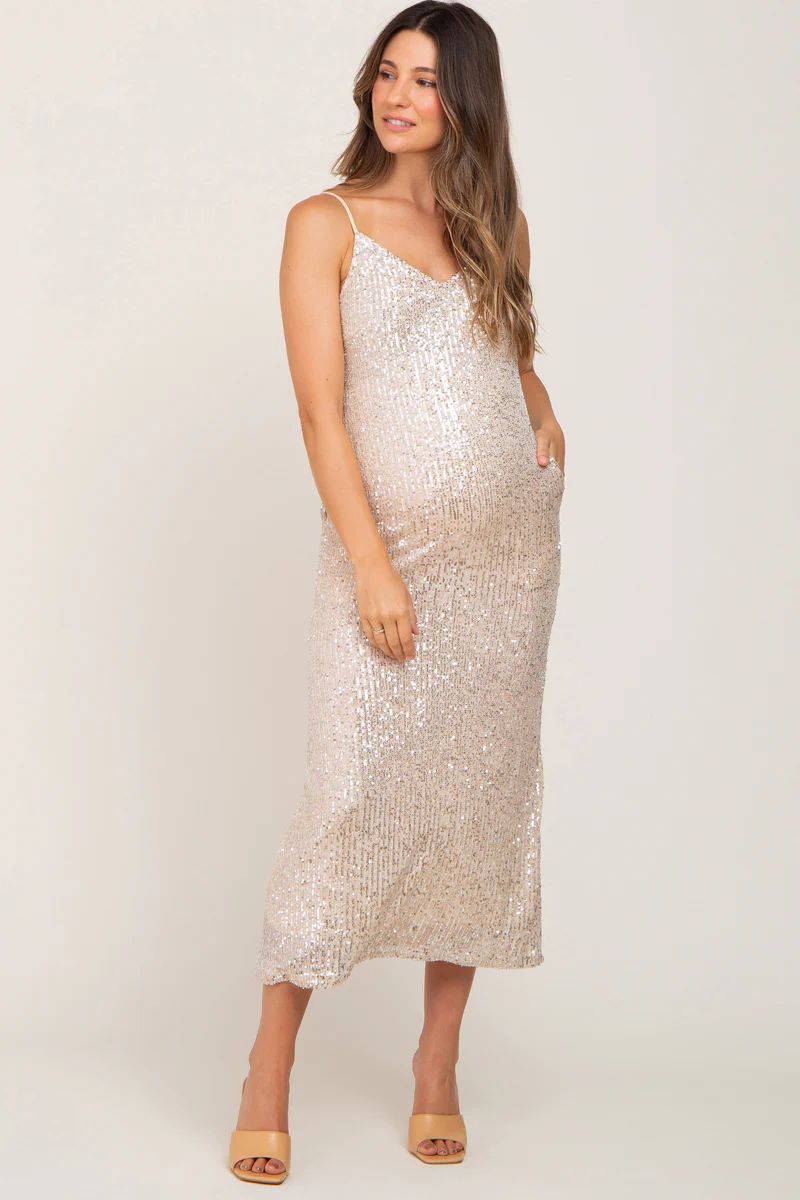 Beige V-Neck Sequin Maternity Midi Dress | PinkBlush Maternity