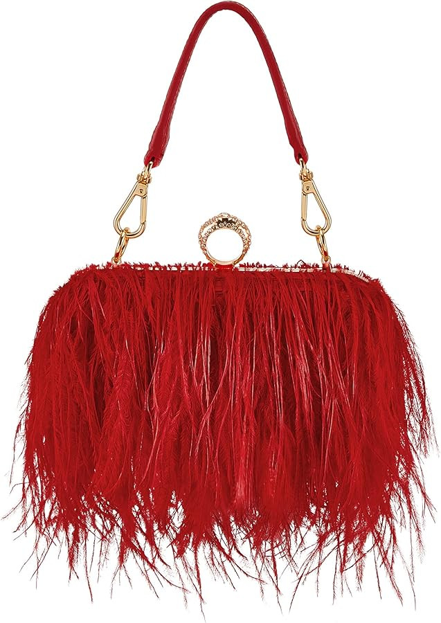 Tessco Women Ostrich Feather Tote Bag Fluffy Purse Clutch Feather Evening Handbag for Wedding | Amazon (US)