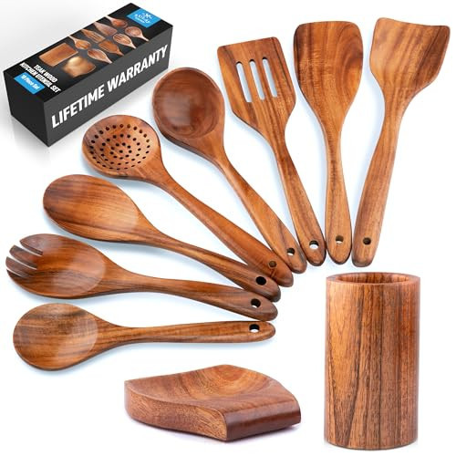 Zulay Kitchen 10-Piece Wooden Spoons for Cooking - Smooth Finish Teak Wooden Utensils for Cooking - Soft Comfort-Grip Wood Spoons for Cooking - Non-Stick Wooden Cooking Utensils - Wooden Spoon Sets | Amazon (US)