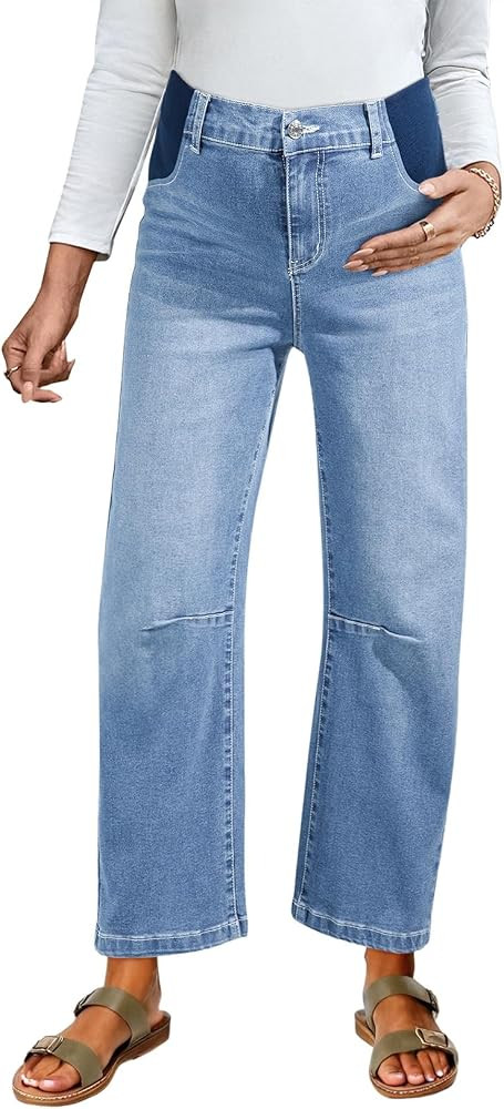 BLENCOT Women's Maternity Jeans Elastic Hight Waist Stretch Barrel Jeans Wide Leg Side Panel Preg... | Amazon (US)