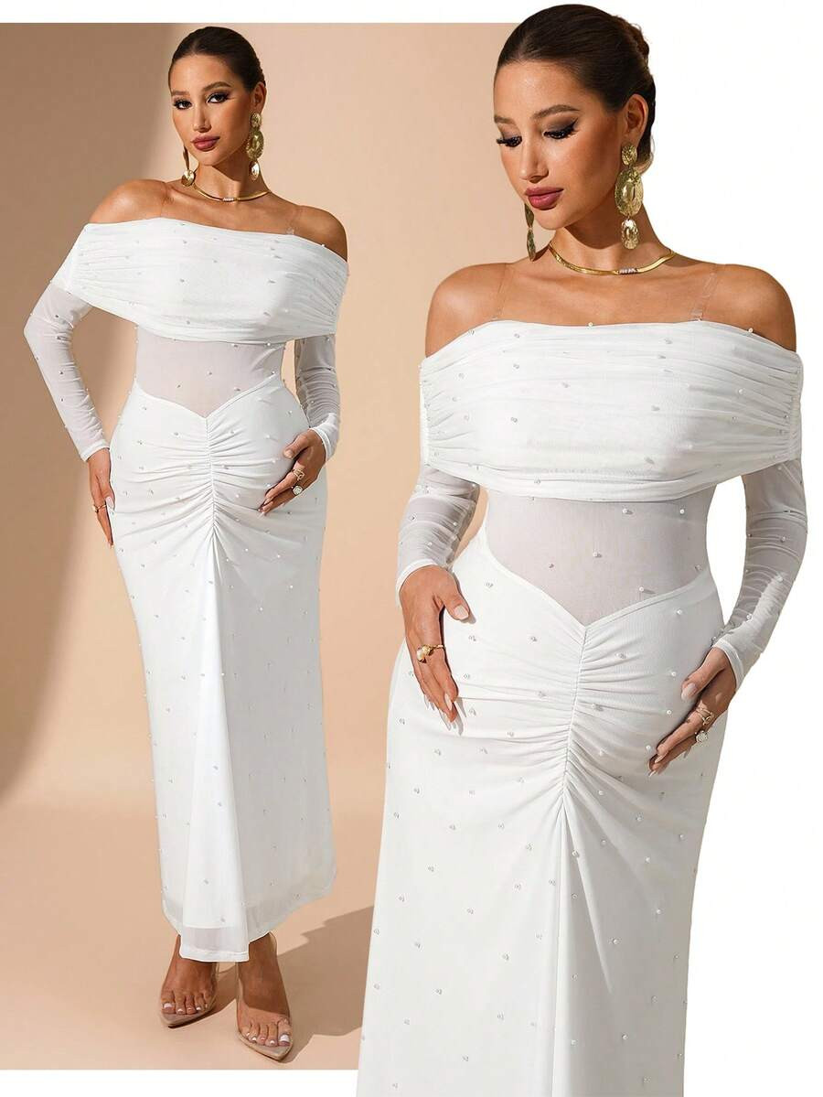 MaterniChic Pregnant Women's Solid Color Mesh Patchwork Off Shoulder Ruffle Long Sleeve Dress Lon... | SHEIN